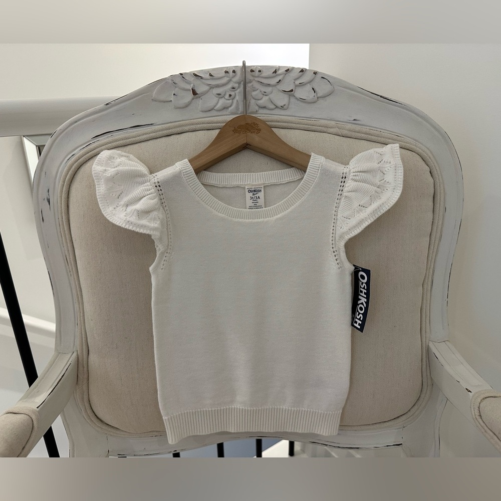 🦢 3T OshKosh Knit 100% Cotton White Ruffle Sleeve Toddler Top NWT